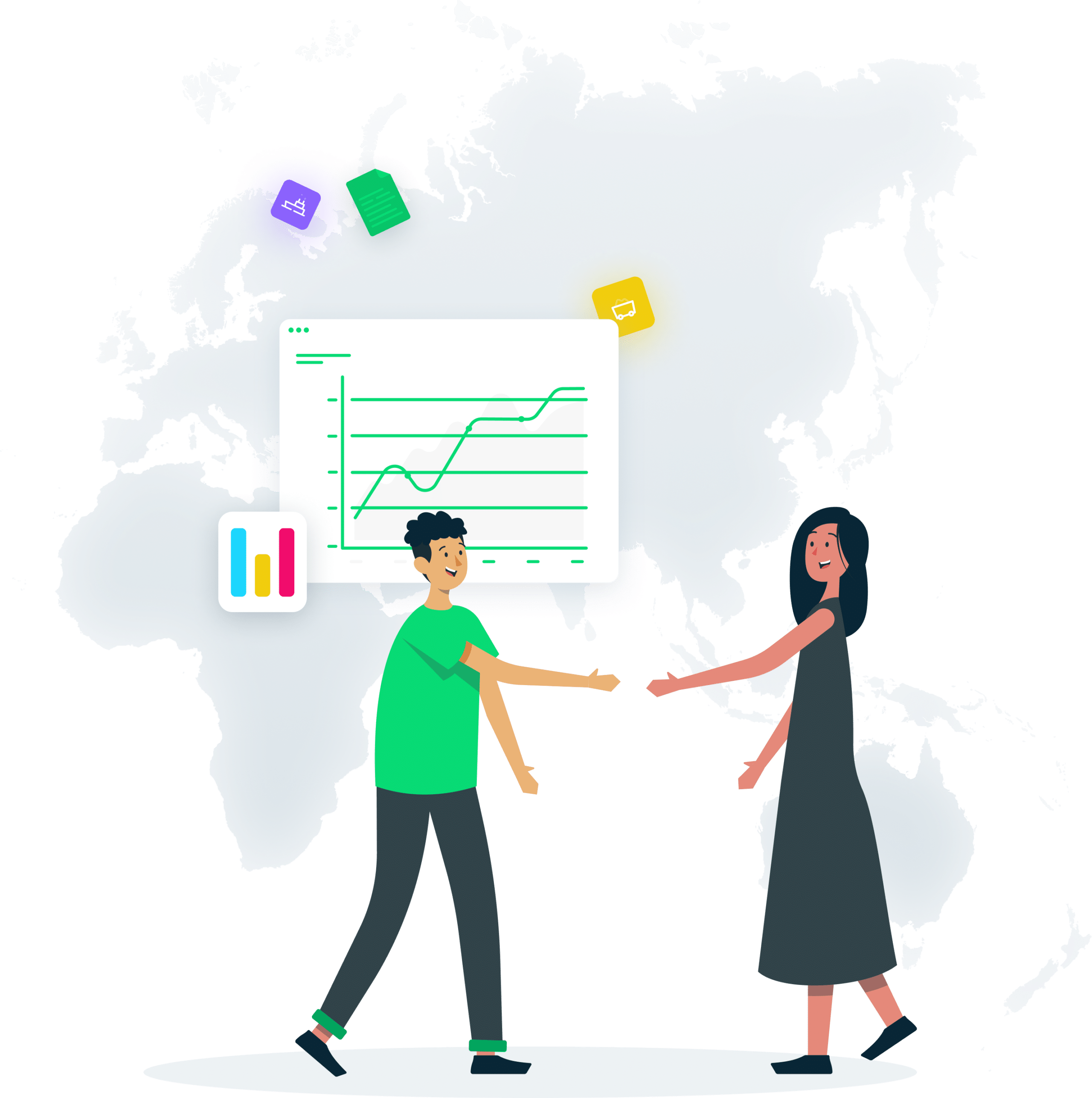 Women and man shaking hands with graph and world map behind them showing a partnership.