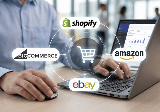 mężczyzna przy laptopie z logo kanałów e-commerce
